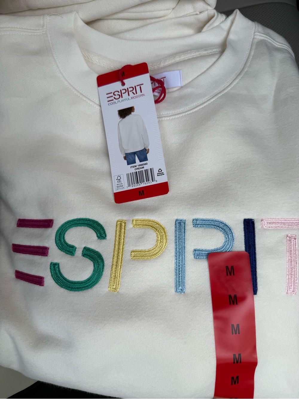 Esprit Cream Sweatshirt with Multicolor Embroidered Logo